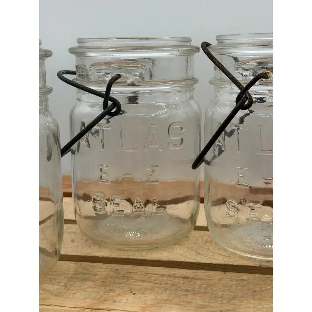 Vintage Atlas E-Z Seal Pint Mason Jars with Wire Bails (Set of 4, No Lids)- 5.5”
